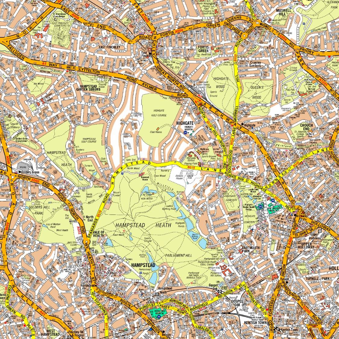 A-Z Master Atlas style London street map covering Hampstead Heath, Highgate, and Muswell Hill — the type of map used in the TfL Topographical Skills Assessment