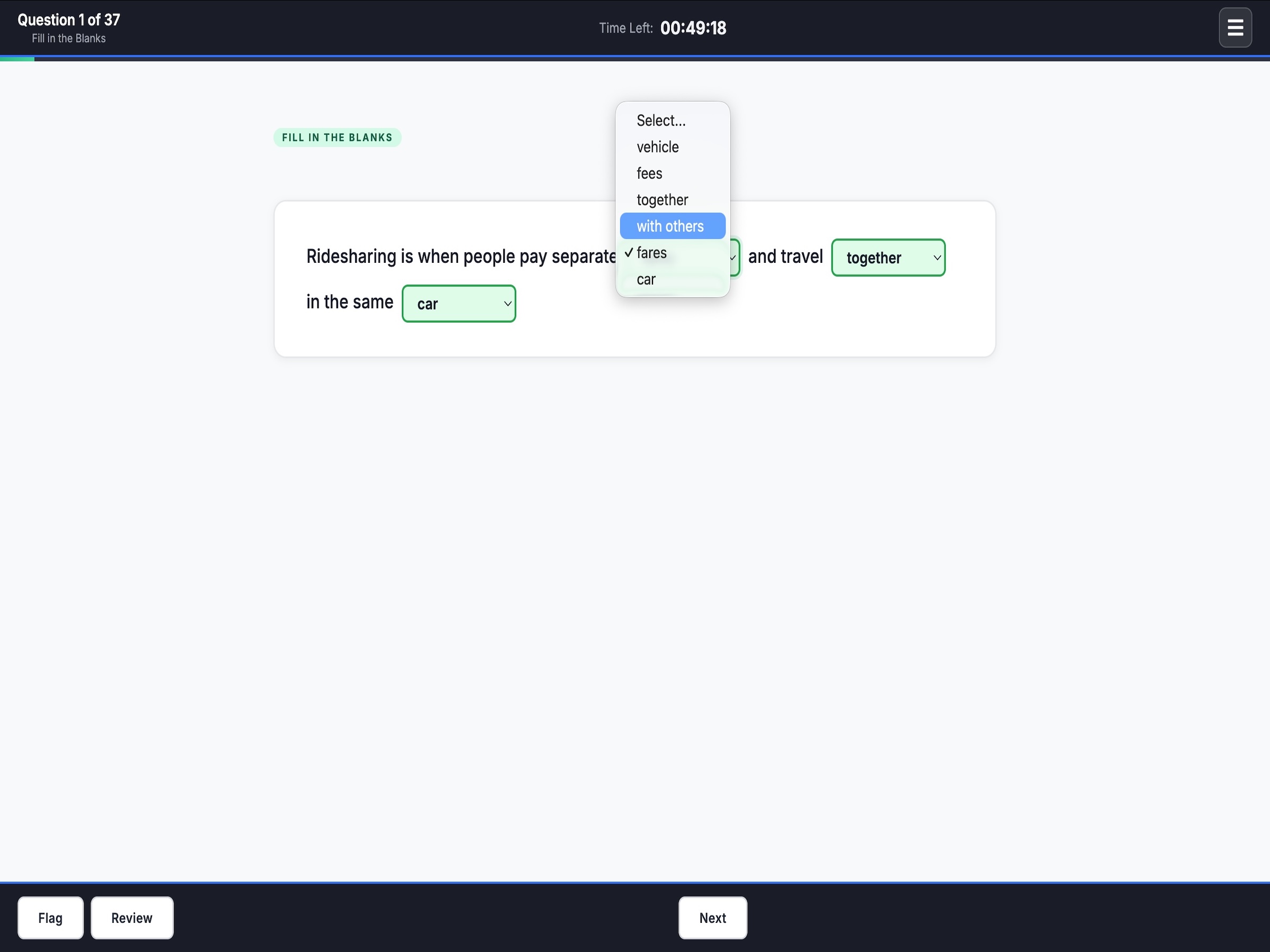 SERU fill-in-the-blanks question on the live assessment interface