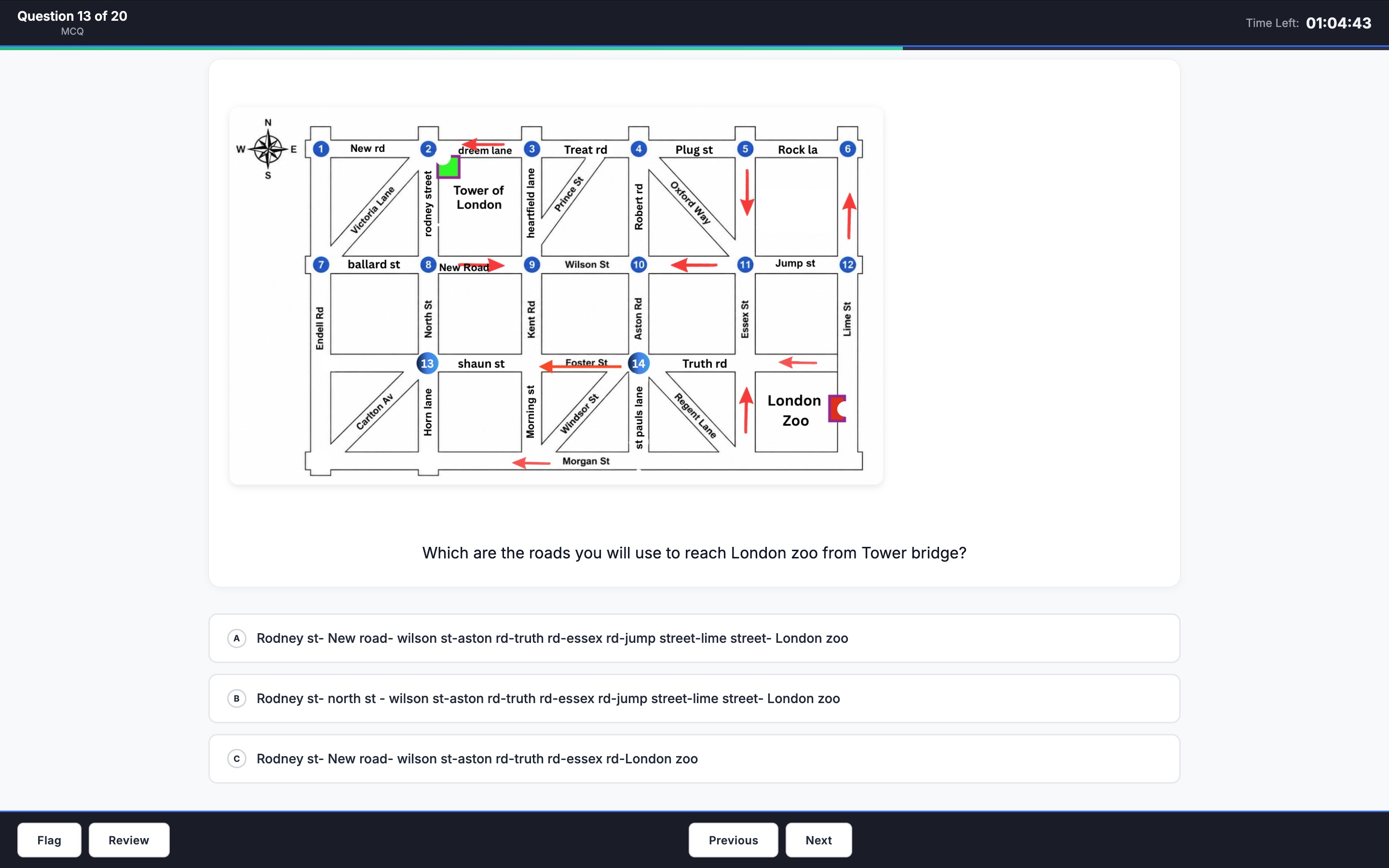 Compass direction navigation multiple choice question interface