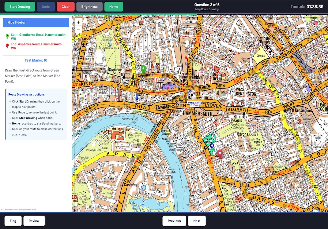 The route-drawing assessment interface used on test day — A-Z map with start and end markers and a drawn route
